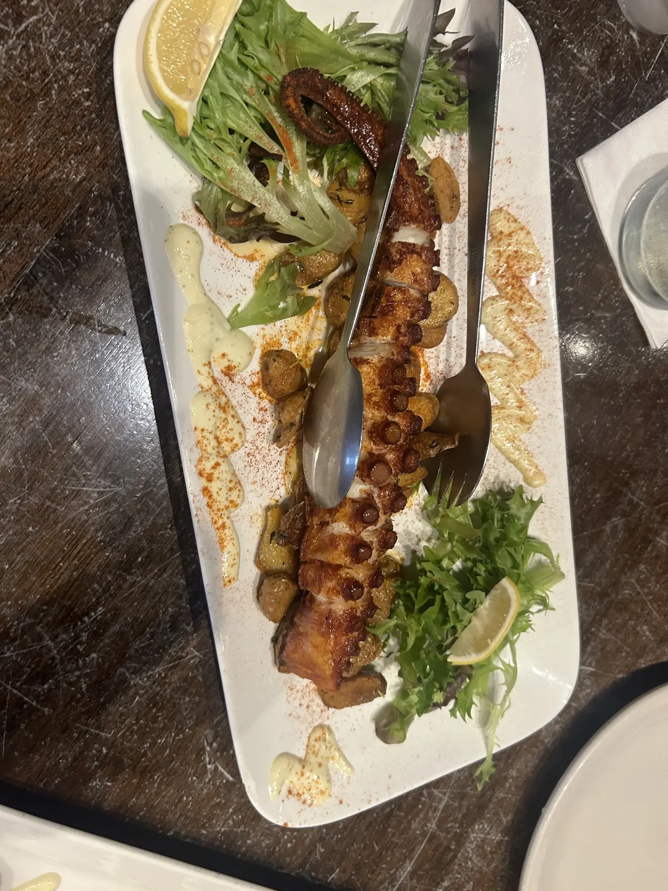 Grilled octopus plated for serving