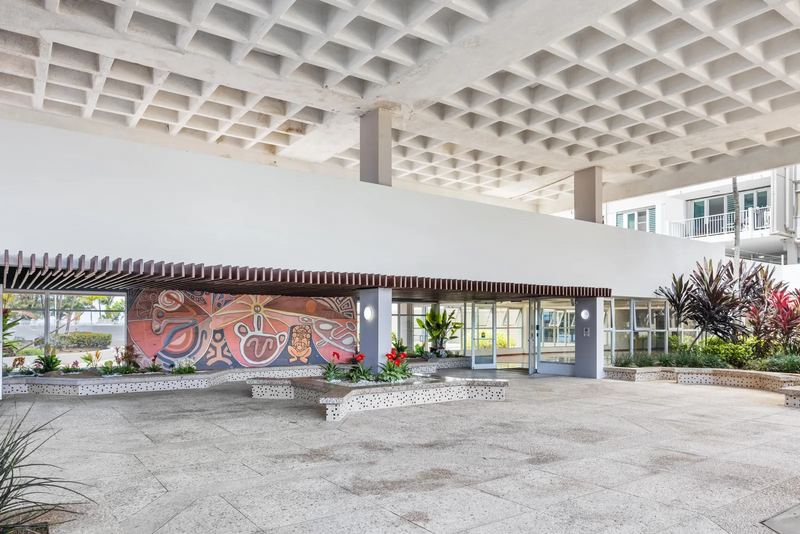 Building lobby and covered entrance