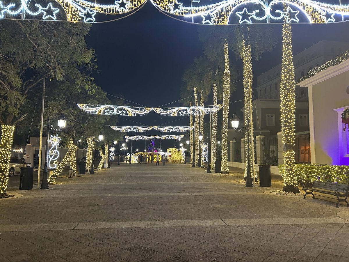 Palm trees and light arches glowing along the Paseo de la Princesa in Old San Juan