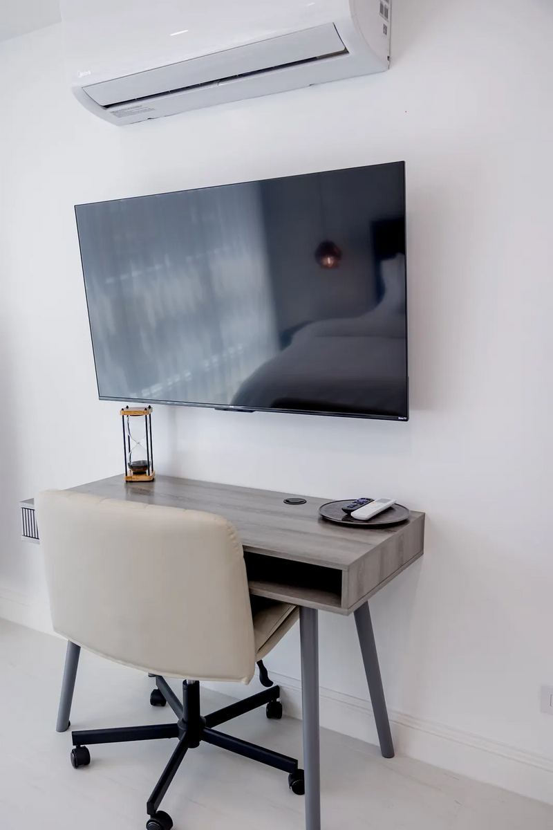 Terra Noir dedicated desk and wall-mounted television